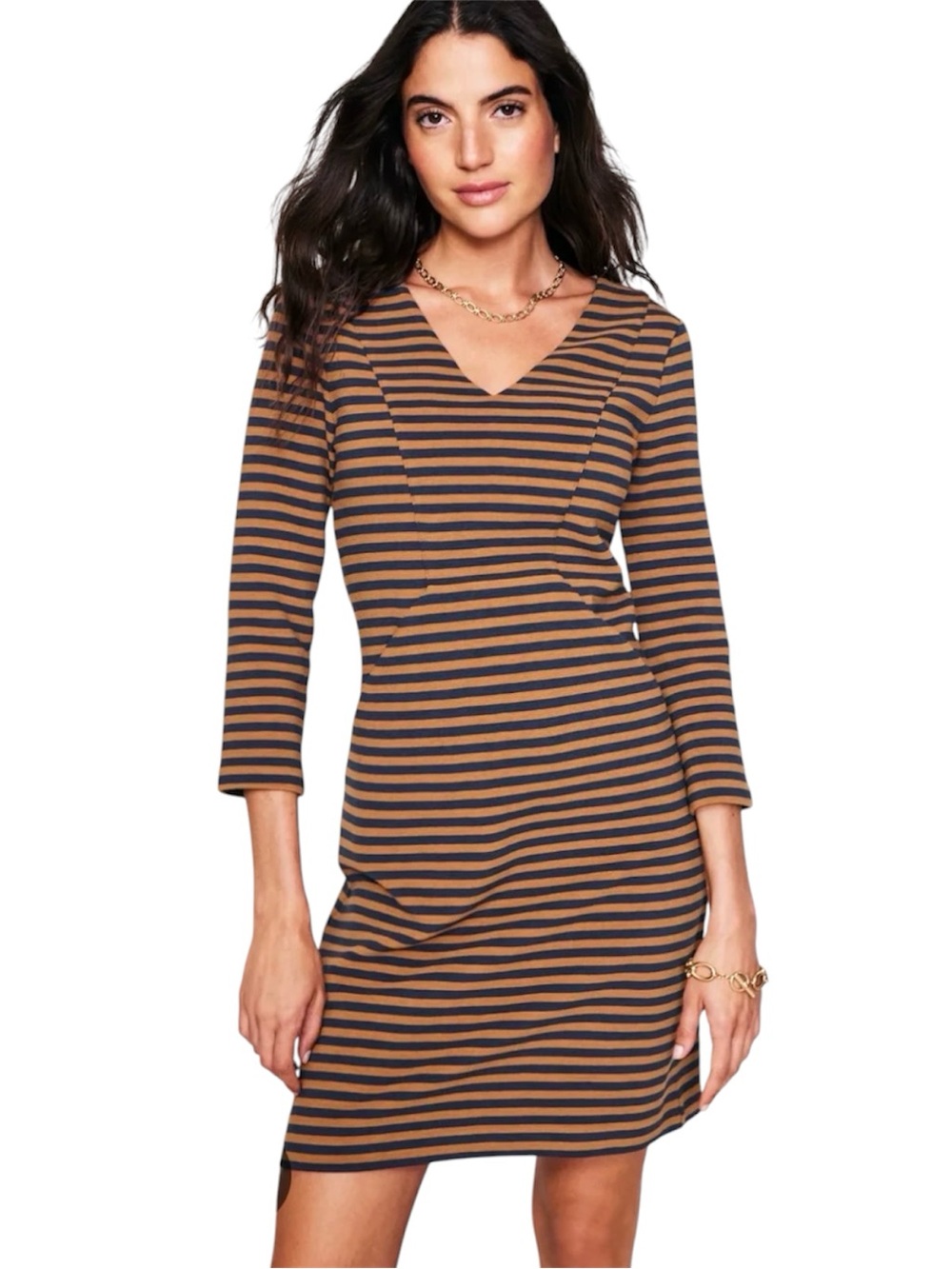 Boden Brontë Ottoman V-Neck Dress in the Mustard Yellow & Navy Blue Strip Size 4
